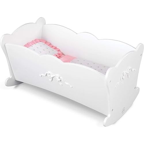 KidKraft Tiffany Bow Scalloped-Edge Wooden Lil Doll Rocking Cradle with Comforter, Pad and Pillow - White, Gift for Ages 3+