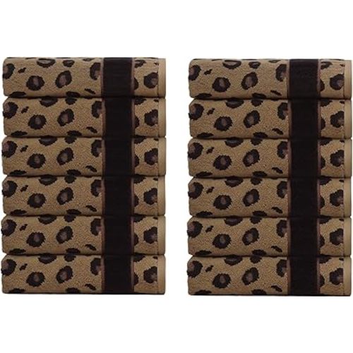 COTTON CRAFT Wash Cloth - Set of 12 Animal Print Safari Decorative Washcloth - 100% Cotton Jacquard Bathroom Face Towel Set - Super Soft Quick Dry Absorbent Luxury Guest Towel - Easy Care - 12 x 12