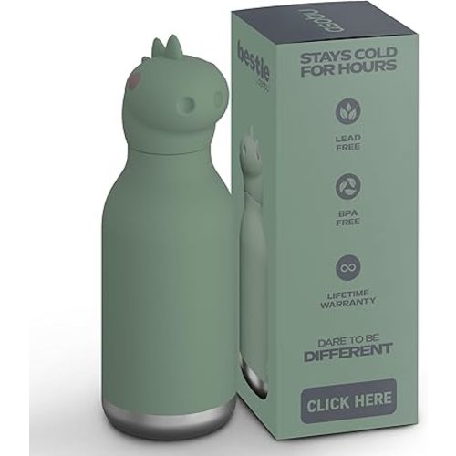 asobu Bestie Bottle Insulated Stainless Steel Water Bottle with Detachable Soft Animal Head Fun Drinking for Kids and Teens with Flexible Reusable Straw 16 Ounce (Dinosaur)