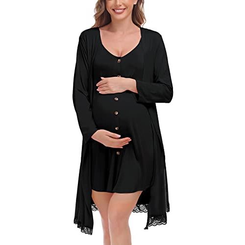 SWOMOG Womens Maternity Nursing Nightgown and Lace Robe Set 3 in 1 Labor Delivery Button Down Nursing Dress 2 Piece Sleepwear