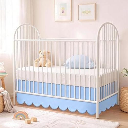 Blue Scalloped Edge Crib Skirt 28"x 52" with 14" Drop Pleated Dust Ruffle with Split Corners for Baby Boys Girls, Soft 4-Sided Crib Bed Skirt Nursery Standard Toddler Bedding