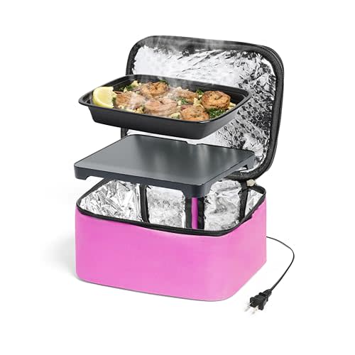 HOTLOGIC Mini XP Portable Electric Lunch Box Food Heater - Expandable Food Warmer Tote and Heated Lunchbox for Adults Work/Car/Home - Easily Cook, Reheat, and Keep Your Food Warm - PINK - 120V
