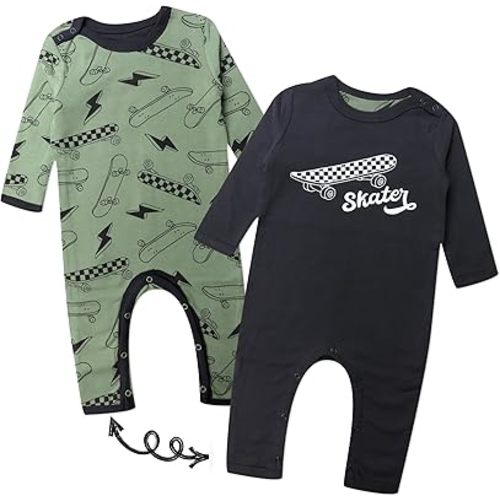 HonestBaby Reversible Coverall Organic Cotton for Baby Boys, Girls, Skaters Edge Olive, 18 Months