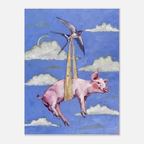 Fine Art Print, 'Friendship is how you fly', whimsical artwork, sparrow, moon, clouds, oil painting