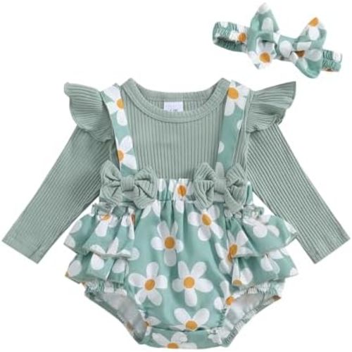 Baby Girls Ribbed Romper Outfits Ruffle Sleeve Bodysuit with Plaid Romper Dress One Piece Bubble Playsuit+Headband