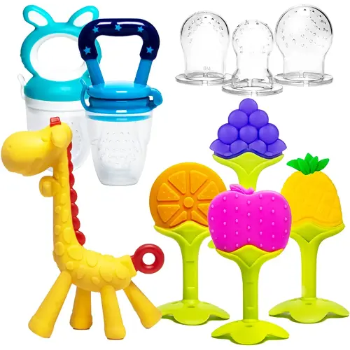 HONGTEYA Teething Toys for Babies 0-6 Months 6-12 Months 6 Pack- 4 Teethers for Babies Baby 2 Fruit Feeders for Newborn Infants BPA Free Natural Organic Freezer Silicone Baby Teethers Set