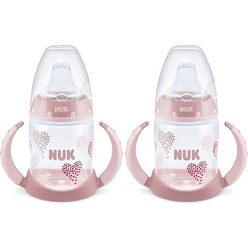 NUK Learner Cup, 5 Oz, Pack of 2, Pink Hearts, Soft Spout, Easy-Grip Handles, BPA Free, Spill Proof, Transition Sippy Cup