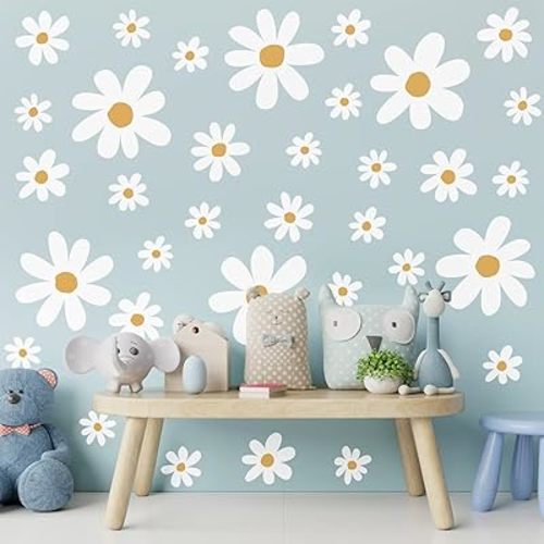 12 Sheets Daisy Wall Decals - Large Flower Wall Stickers for Nursery, Kids' Girls Bedroom & Living Room Wall Decor