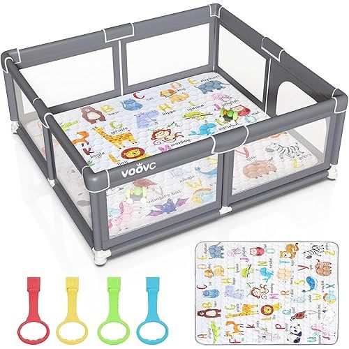 Voovc Premium Baby Playpen with Mat, 71x60 Inches Extra Large Play Pen for Babies and Toddlers, Indoor & Outdoor Activity Center, Safety Baby Playpen with Gate Prints (Enamel Gray)