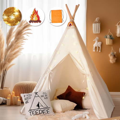 Teepee Tent for Kids Foldable Teepee Play Tent with Fairy Lights, Carry Case Water Resistance, Pretend Camp Fire, Four Poles Style Raw White Color - New Version Tiny House little dove