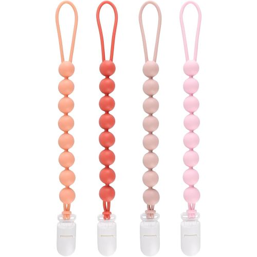 4-Pack Silicone Pacifier Clips for Boys and Girls - with One-Piece Beads, Flexible and Rust-Free Holders for Teething Relief and Essentials - Safe (Pink)