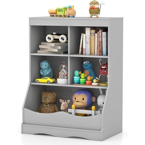 LDAILY Kids Bookshelf, Kids Bedroom Furniture with 4 Cubes, 1 Open Compartment, Nursery Bookcase with Anti-Tipping Device and Tabletop, Toddler Toy Storage Organizer for Playroom, Bedroom (Gray)
