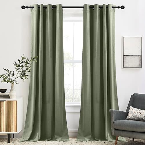 RYB HOME Sage Green Velvet Curtains for Living Room, 84 inches Long Rustproof Grommet Window Drapes Energy Efficient Super Soft Curtains for Bedroom Home Office, W52 x L84 inch, 2 Panels