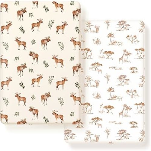 GRSSDER Stretchy Ultra Soft Jersey Knit Pack and Play Sheets 2 Pack, Portable/Mini Crib Sheets Universal Fitted for Playpen Mattress Safe and Snug, Cute Elk Animals Print