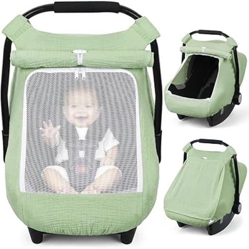 Rquite Car Seat Cover Baby Girl Boy, 100% Muslin Cotton Carseat Covers, Breathable Infant Windproof Canopy with Mesh Window, Stroller Sun Shade for Summer & Hot Day, Sage Green