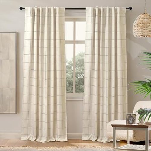 DriftAway 100% Blackout Plaid Linen Curtains 84 Inches Long 2 Panels Taupe