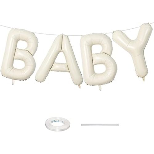 40 Inch Beige BABY Balloon for Baby Shower, Large Cream White Baby Foil Balloons Letters with Ribbon, Neutral Ivory Alphabet Baby Mylar Balloon Banner Sign for Gender Reveal Backdrop Party Decorations