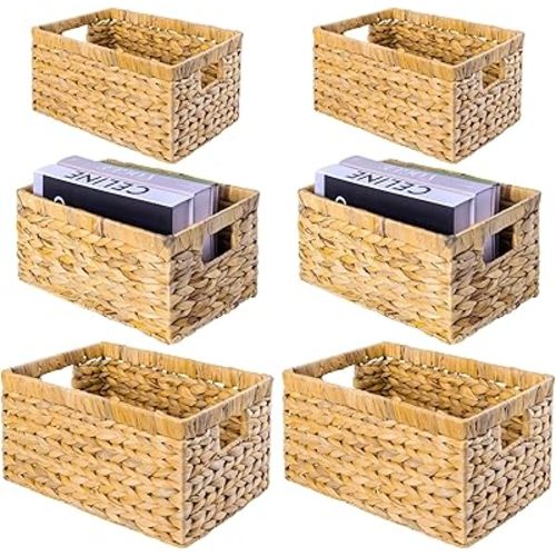 M4DECOR Set of 6 Wicker Storage Basket, Water Hyacinth Storage Baskets, Wicker Storage Baskets for Shelves (Combo 2 Sets SML)