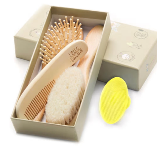 Wooden Hair Brush and Comb Set (4-Piece) for Newborns and Toddlers | Ideal for Cradle Cap | Massage and Scalp Bristles | Perfect Baby Registry Gift