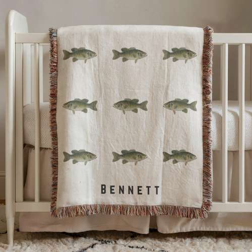 Personalized Name Fish Blanket, Custom Bass Fishing Baby Blanket, Baby Shower Gift, Woven Blanket, Keepsake Gift For Baby