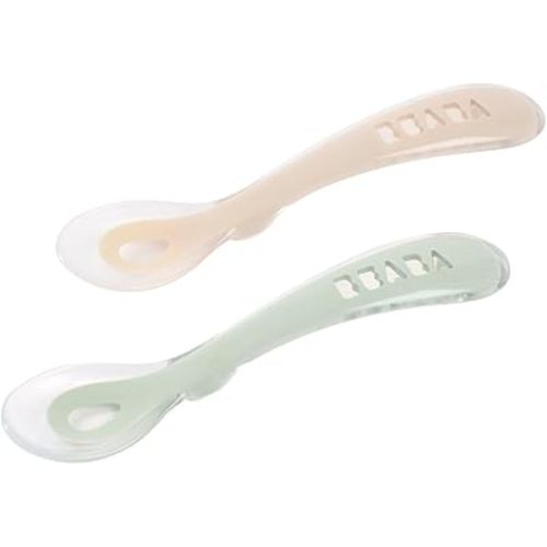 BEABA Toddler's Self-Feeding Spoon Set with Travel Case, Original Silicone Baby Spoons, Baby Essentials, Travel Set, Sage + Cloud