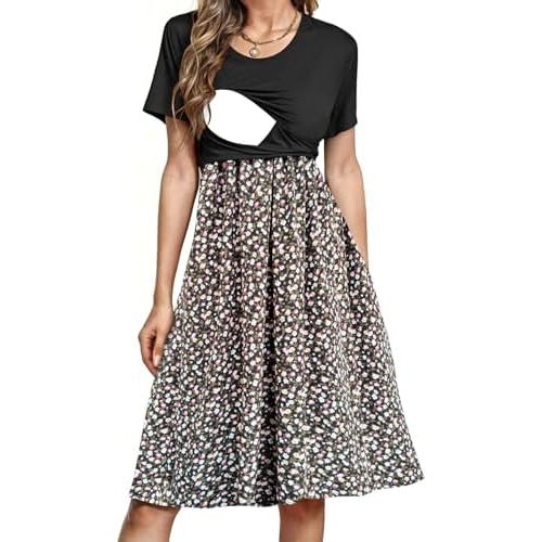 Women's Nursing Dress Summer Short Sleeve Patchwork Pregnancy Clothes with Pockets