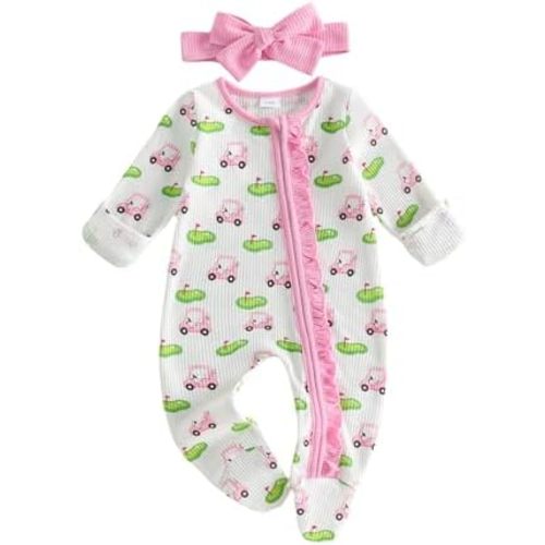 Ayalinggo Newborn Baby Romper Infant Girl One-piece Outfit Waffle Ruffle Zip Footie Spring Summer Clothes With Bow Headband