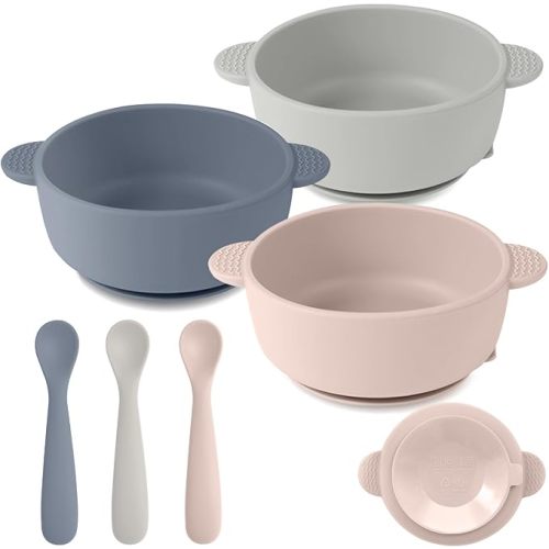 Eascrozn Silicone Baby Feeding Set, 3 Pack Baby Bowls with Suction and 3 Pack Baby Spoons for Babies Toddlers Kids, BPA Free, Baby Utensils Feeding Supplies, Microwave and Dishwasher Safe