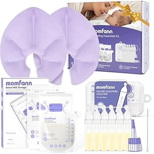 Breastfeeding Essentials Kit for New Moms,Gift Set with Reusable Hot&Cold Breast Therapy Packs/Breastmilk Storage Bags/Silicone Colostrum Collectors for Baby Essentials 58Pcs (Purple)