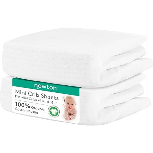 Newton Baby Fitted Mini Crib Sheets (2-Pack) | Organic Muslin Cotton, Breathable & Soft Baby Sheets, Washable Baby Mattress Sheets, Fits Mini Crib Mattresses 24" x 38", Plain White