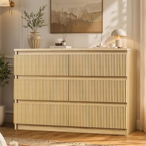 Jocoevol 6 Drawer Fluted Dresser, Modern Chest of Drawers for Bedroom with Hidden Handles, Wood Storage Organizer Cabinet for Living Room & Entryway, Natural Oak (15.7" D x 47.3" W x 31.6" H)