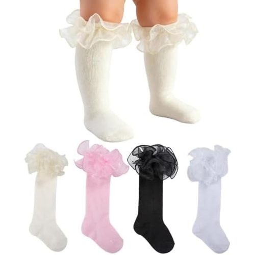 Baby Knee High Socks Girls Non Slip Long Socks Lace Ruffle Stockings for Newborn Infant Toddler Kids 0-24 Months