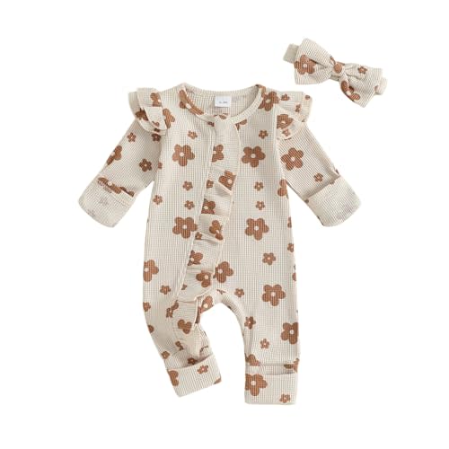 allshope Infant Baby Girl Fall Outfit Sweatshirt Romper Floral Print Long Sleeve Jumpsuit Newborn Waffle Clothes