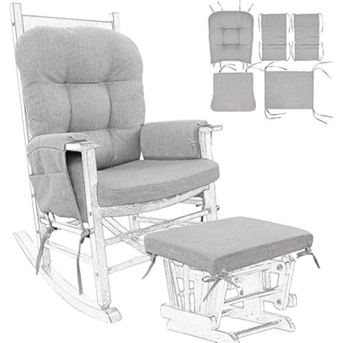 BUYUE Glider Rocker Replacement Cushion 5 PCS with Ties, Linen High-Density Foam Non-Slip & Washable Rocking Chair Pads for Sitting, Light Gray