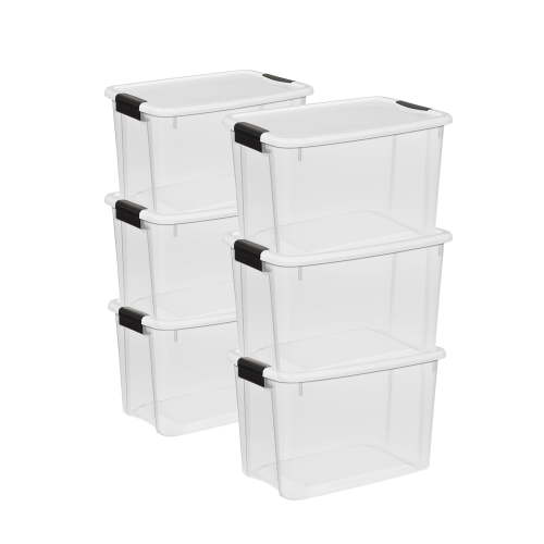 Sterilite 30 Qt Clear Plastic Stackable Storage Bin w/ Latch Lid, White (6 Pack)..