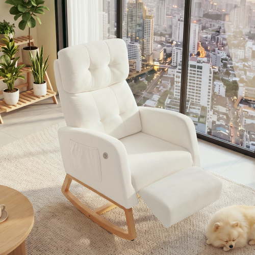 DOLONM Rocking Chair Nursery, Nursing Rocking Chairs with Foot Rest for Mom Nursery, Glider Rocker Chair with Footrest and High Backrest for Living Room, Bedroom, Beige