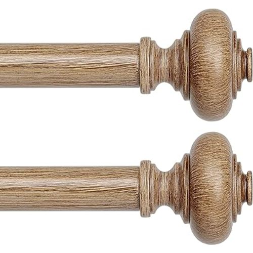 2 Pack Wood Curtain Rods for Windows 36 to 88 inch, Boho Vintage Decorative 1 Inch Diameter Wooden Curtain Rod, Adjustable Heavy Duty Rustic Farmhouse Drapery Pole with Wood Grain Finials