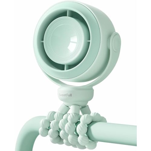 SWEETFULL Portable Stroller Fan, Pinch-Proof Baby Fan, 5-Speed Quiet Mini Clip on Fan, USB-C Rechargeable Battery, LED Display for Car Seat, Crib & Travel - Green