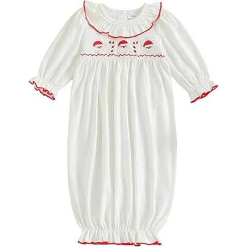 Amazon.com: Newborn Baby Girl Boy Christmas Outfit Santa Claus Embroidery Sleepwear Smocked Bubble Long Sleeve Nightgown Pajama Sleeper (Ruffle White, Newborn) : Clothing, Shoes & Jewelry