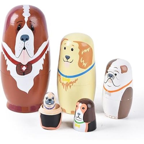 Nesting Dolls, 5Pcs 6" Tall Russian Nesting Dolls, Handmade Matryoshka for Kids, Wooden Stacking Toys for Christmas Home Wedding Party Decorations (Dog)