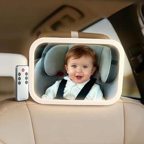 Baby Car Mirror, Wide View, Remote Control Light, Easy Install, White