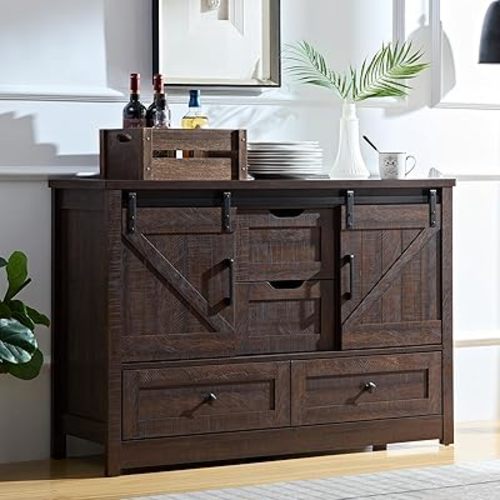 BOSHIRO Farmhouse Dresser for Bedroom, 4 Drawers with Sliding Barn Door, 48" Wide 4 Chest of Drawers, Storage Organizer Dresser for Bedroom, Hallway, Living Room, Kids Room, Espresso