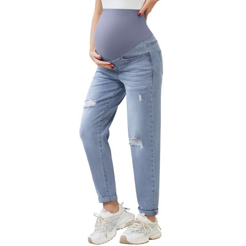 POSHGLAM Women's Maternity Jeans Over Belly Comfy Stretch Boyfriend Jeans Loose Pregnancy Pants, S-XXL