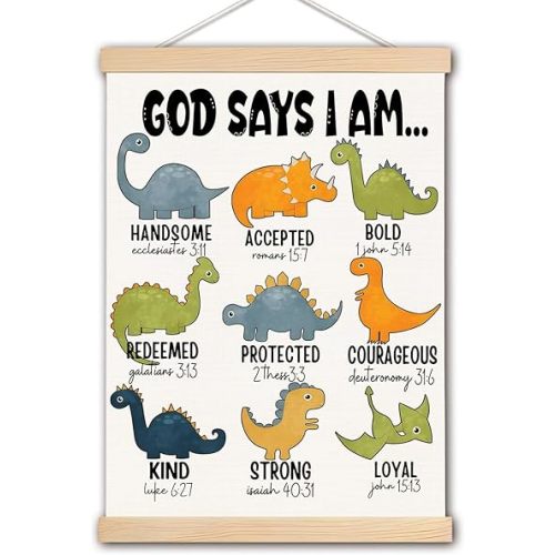 DNEULYR Dinosaur Wall Decor, God Says I am Nursery Wall Art With Wooden Poster Hanger, Dinosaur Room Decor for Boys, Toddler Little Boy Room Bedroom Nursery Decor, 12x16 Inch