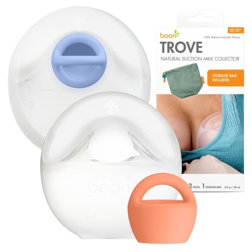 Boon Trove Silicone Manual Breast Pump Set - Hands Free Breast Milk Collector - Includes Polyester Travel Pouch - Breast