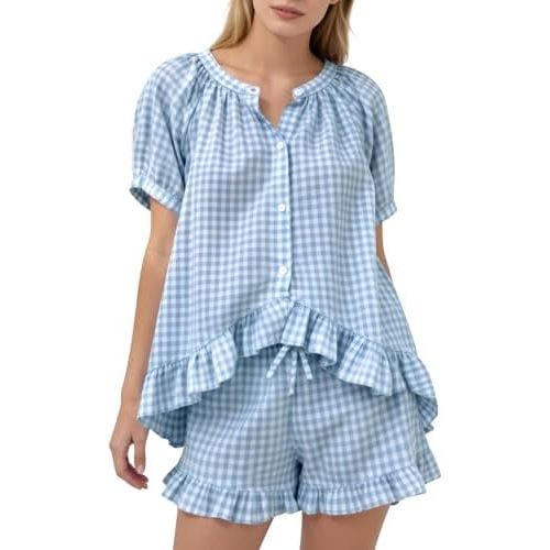Kissonic Women Gingham 2 Piece Pajama Sets Cotton Pj Short Sleeve Rluffle Babydoll Shirt Shorts Summer Outfits