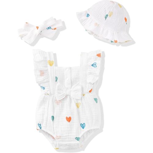 Renotemy Baby Girl Clothes Infant Summer Romper Cotton Linen Newborn Essentials Photography Preemie Outfits with Hat&Headband