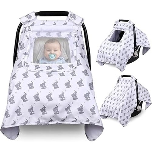 Car Seat Cover Baby, Carseat Covers Baby with 2 Layers Breathable Windows, Windproof Infant Car Seat Cover, Kick-Proof Baby Carrier Cover for Baby Boy Newborn Essentials