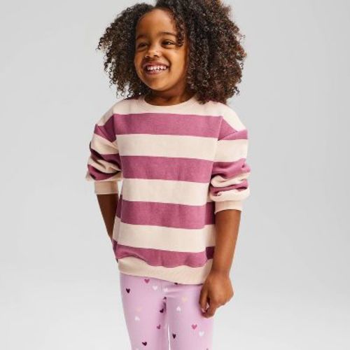 Toddler Girls' Crewneck Striped Fleece Pullover Sweatshirt - Cat & Jack™ Mauve/Cream 4T