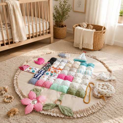 Handmade Cotton Baby Play Mat with 8 Sensory Activities for Tummy Time